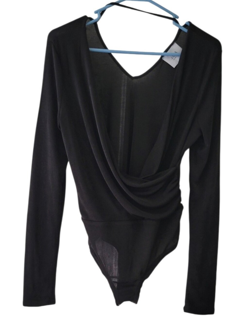 J.O.A Black Long Sleeve Sheer Wrap Front V Neck Bodysuit Size XS